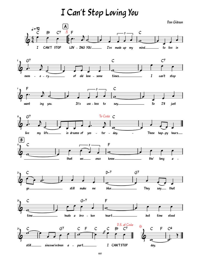 I Can't Stop Loving You (Lead sheet with lyrics ) Sheet music for Piano