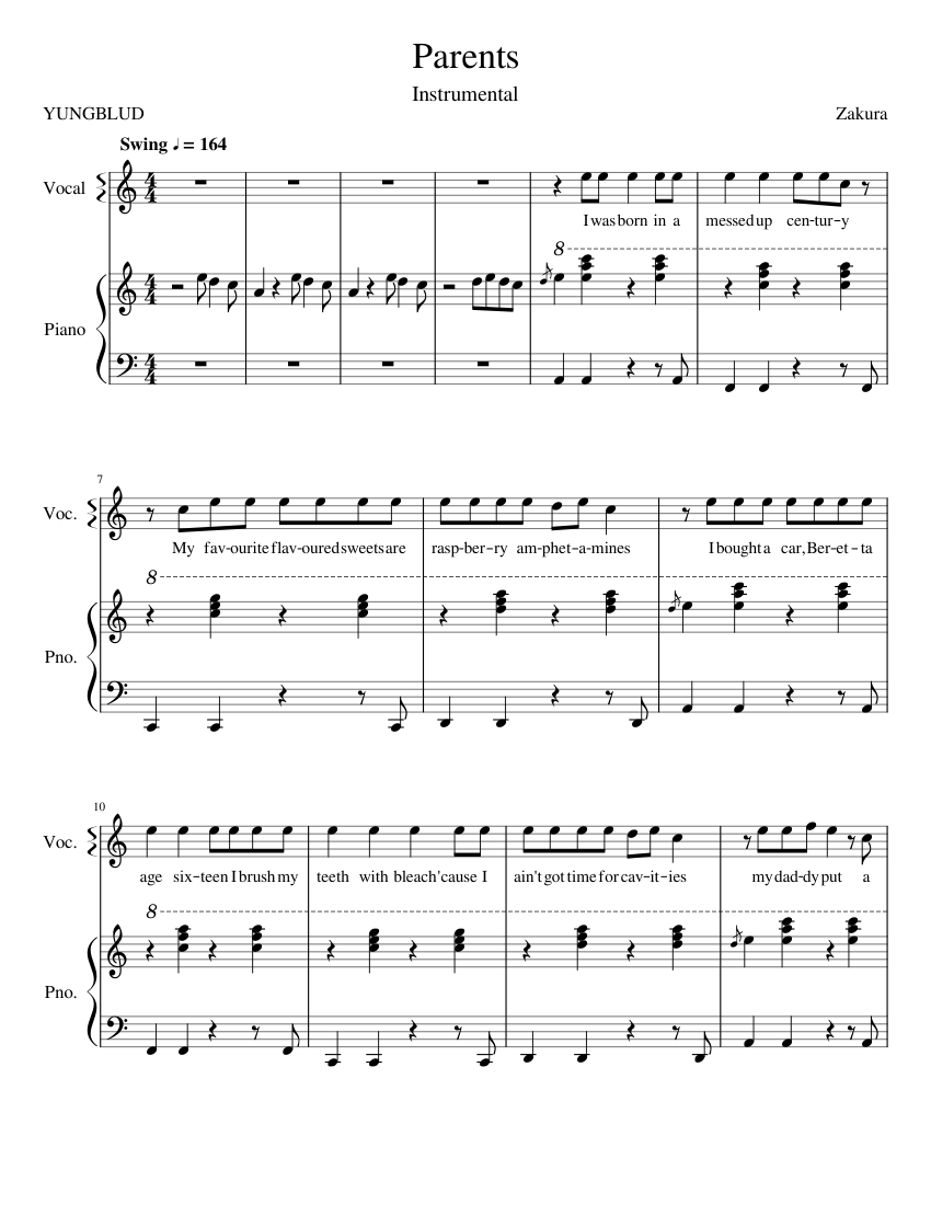 Yungblud Parents Instrumental Sheet Music For Piano Piano Duo