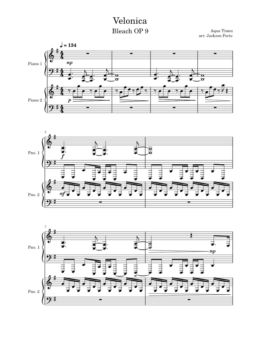 Velonica (Bleach OP 9) – Aqua Timez Sheet Music for Piano (Piano