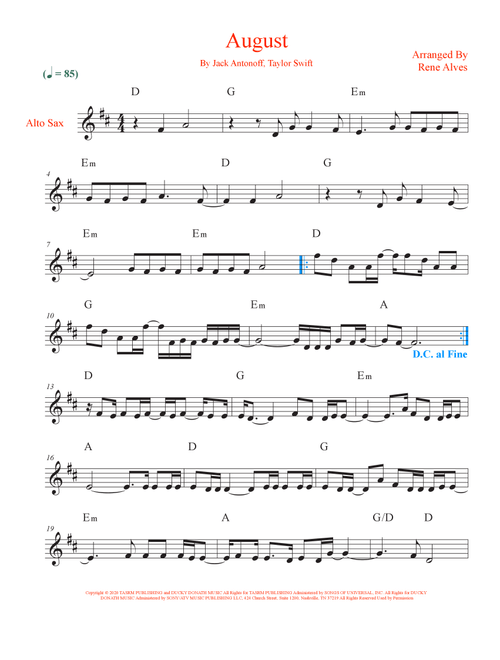August (Arr. Rene Alves) - Taylor Swift (Alto Sax Solo)