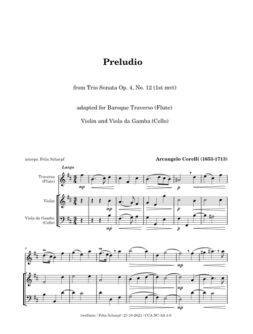 Trio Sonata Op. 4, No. 12 ( 1st mvt. Preludio) Arcangelo Corelli - for Flute, Violin & Cello