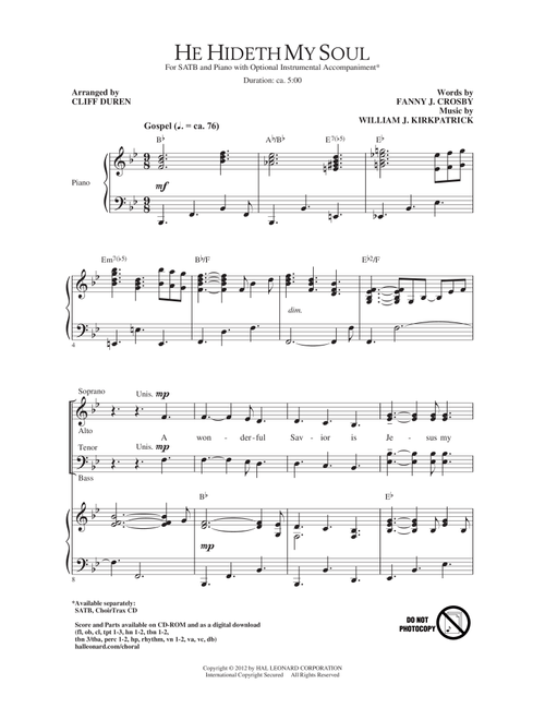 He Hideth My Soul (Arr. Cliff Duren) - William Kirkpatrick, Fanny Crosby (Choral, SATB)