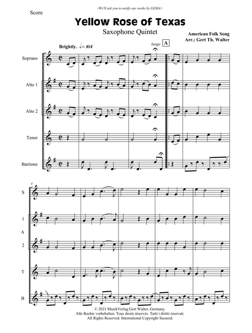 Yellow Rose of Texas (Arr. Gert Th. Walter) - American Folk Song (Woodwind Ensemble)