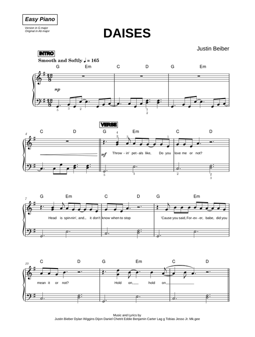 Daisies - Justin Beiber (Easy Piano)