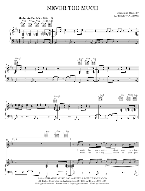 Never too much - Luther Vandross (Piano-Vocal-Guitar)
