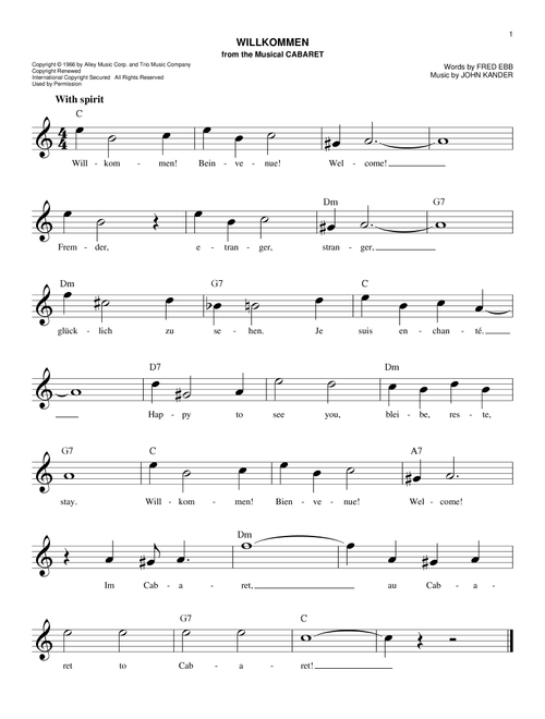 Willkommen - Fred Ebb (Easy Lead Sheet - Fake Book)