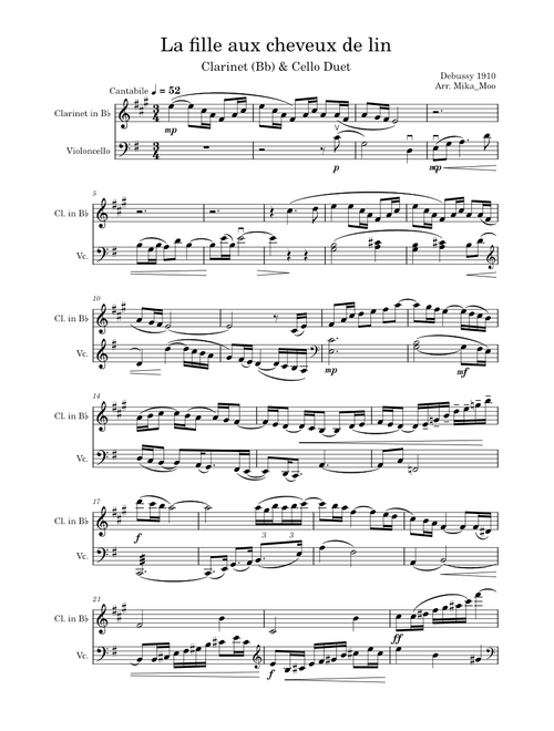 Debussy: Girl with flaxen hair -Cello & Bb Clarinet Arr.