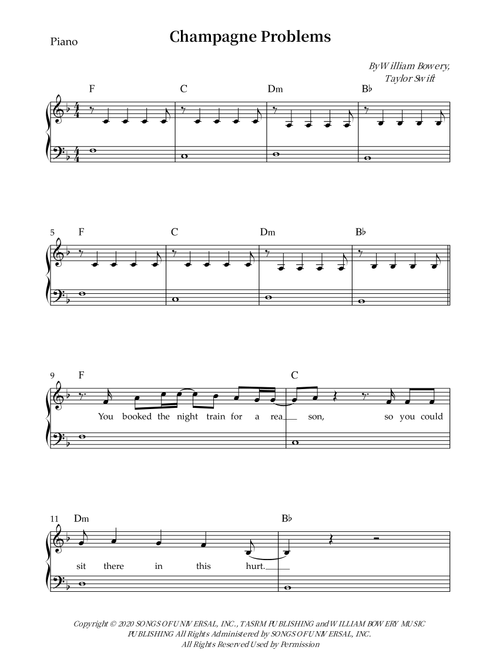 Champagne Problems (Arr. Wesley S. SIlva) - Taylor Swift (Piano-Vocal-Guitar (Piano Accompaniment))