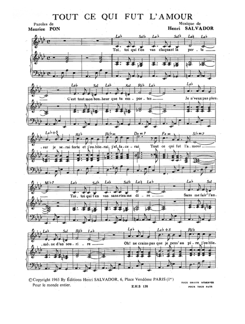 Tout Ce Qui Fut L'amour - Henri Salvador (Piano Vocal)