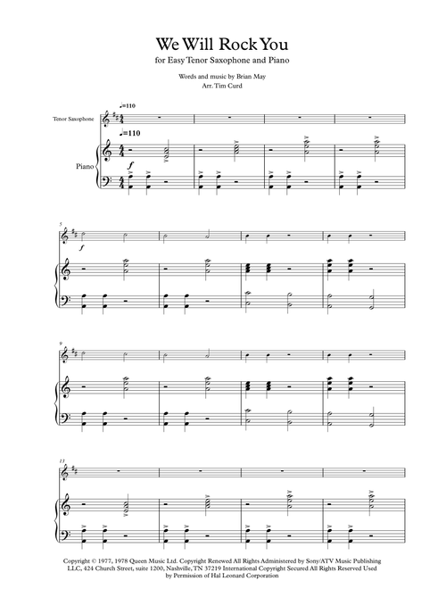 We Will Rock You (Arr. Tim Curd.) - Queen (Tenor Sax and Piano)