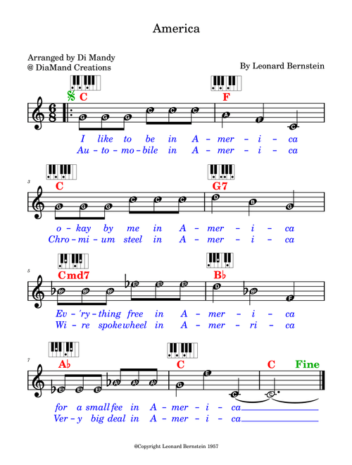America (West Side Story) (Arr. Dianne Mandy) - Leonard Bernstein (Lead Sheet - Fake Book)