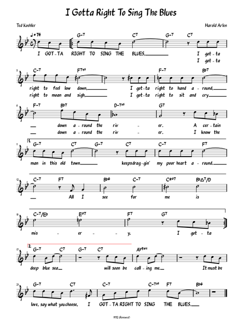 I Gotta Right To Sing The Blues  (Lead sheet with lyrics )