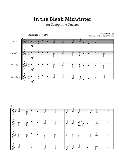 In the Bleak Midwinter (Saxophone Quartet) - Beginner Level (Arr. Henrique Oliveira) - Gustav Holst (Woodwind Ensemble)