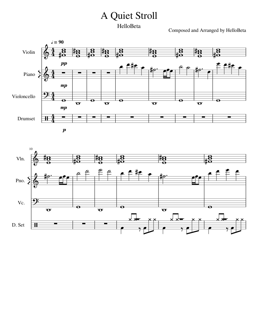 A Quiet Stroll Sheet music for Piano, Violin, Cello, Drum group (Mixed Quartet)