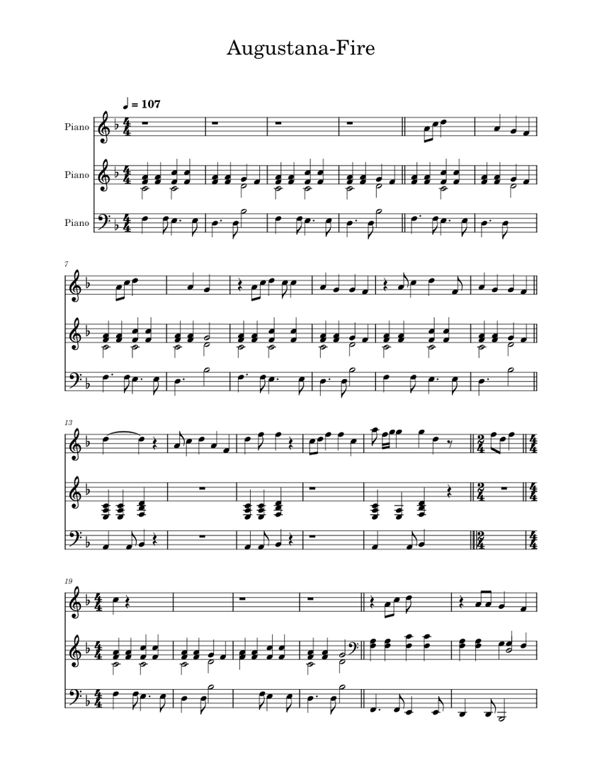 Fire – Augustana Sheet Music for Piano (Mixed Trio) | MuseScore.com