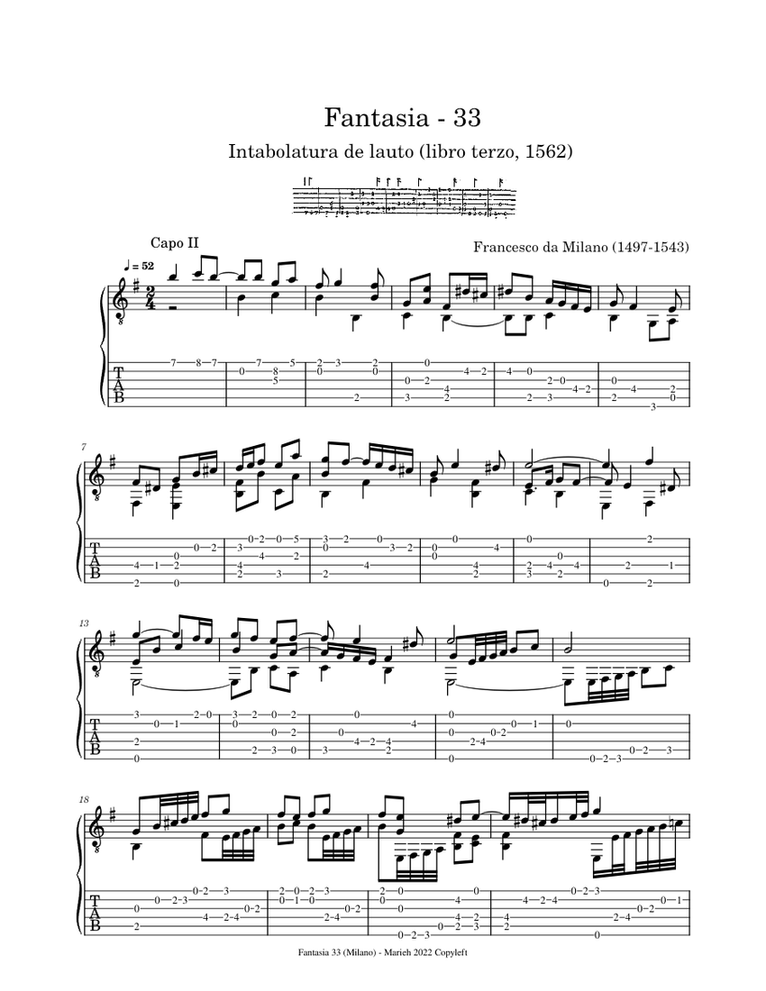 Fantasia - 33 – Francesco da Milano (1497-1543) - Tablature