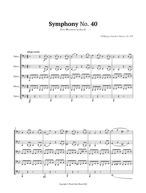 Symphony No. 40 by Mozart for Tuba Quintet (Arr. Ander) (Brass Ensemble)