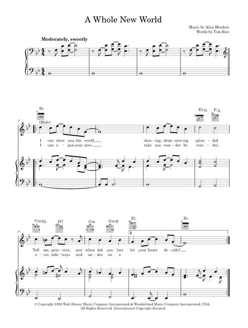 A Whole New World (from Aladdin) - Peabo Bryson and Regina Belle (Piano-Vocal-Guitar (Piano Accompaniment))