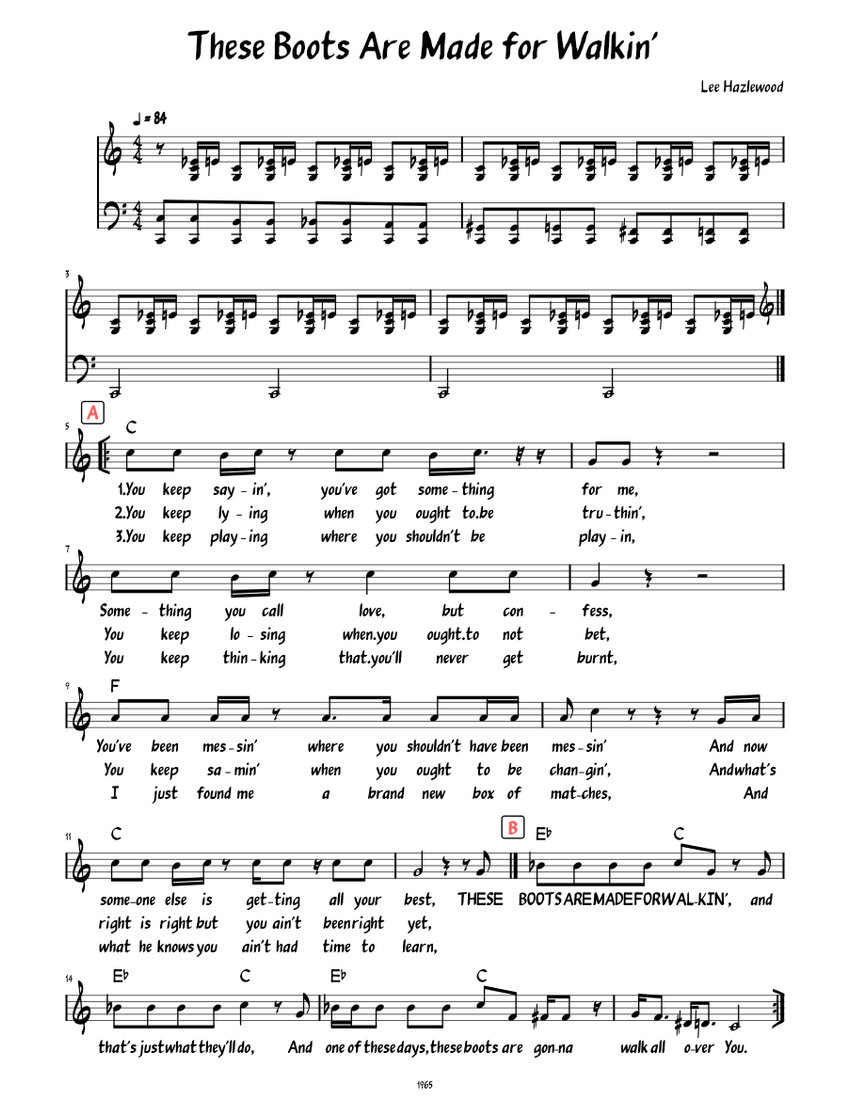 These Boots Are Made for Walkin' (Lead sheet with lyrics ) Sheet music for Piano (Solo