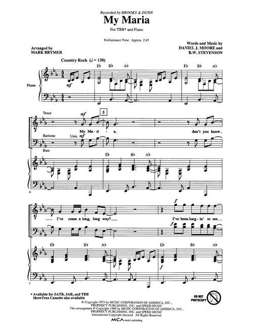 My Maria (arr. Mark Brymer) - Brooks & Dunn (Choral, TBB)