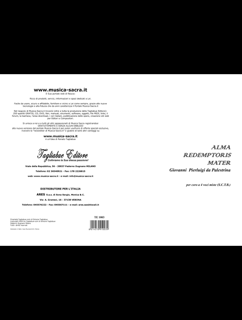 ALMA REDEMPTORIS MATER - G.P. Palestrina - Mottetto for SATB Choir (Arr. R. Tagliabue) (Choral, SATB)