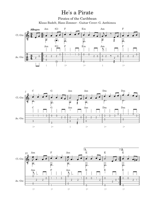 He's a Pirate (Pirates of the Caribbean) Polyphonic Score and Tab - Guitar Cover by G. Anthimou (with Chords)
