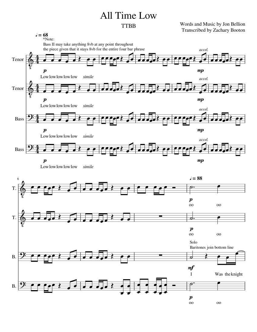 All Time Low - Acoustic (TTBB) | Jon Bellion Sheet Music for