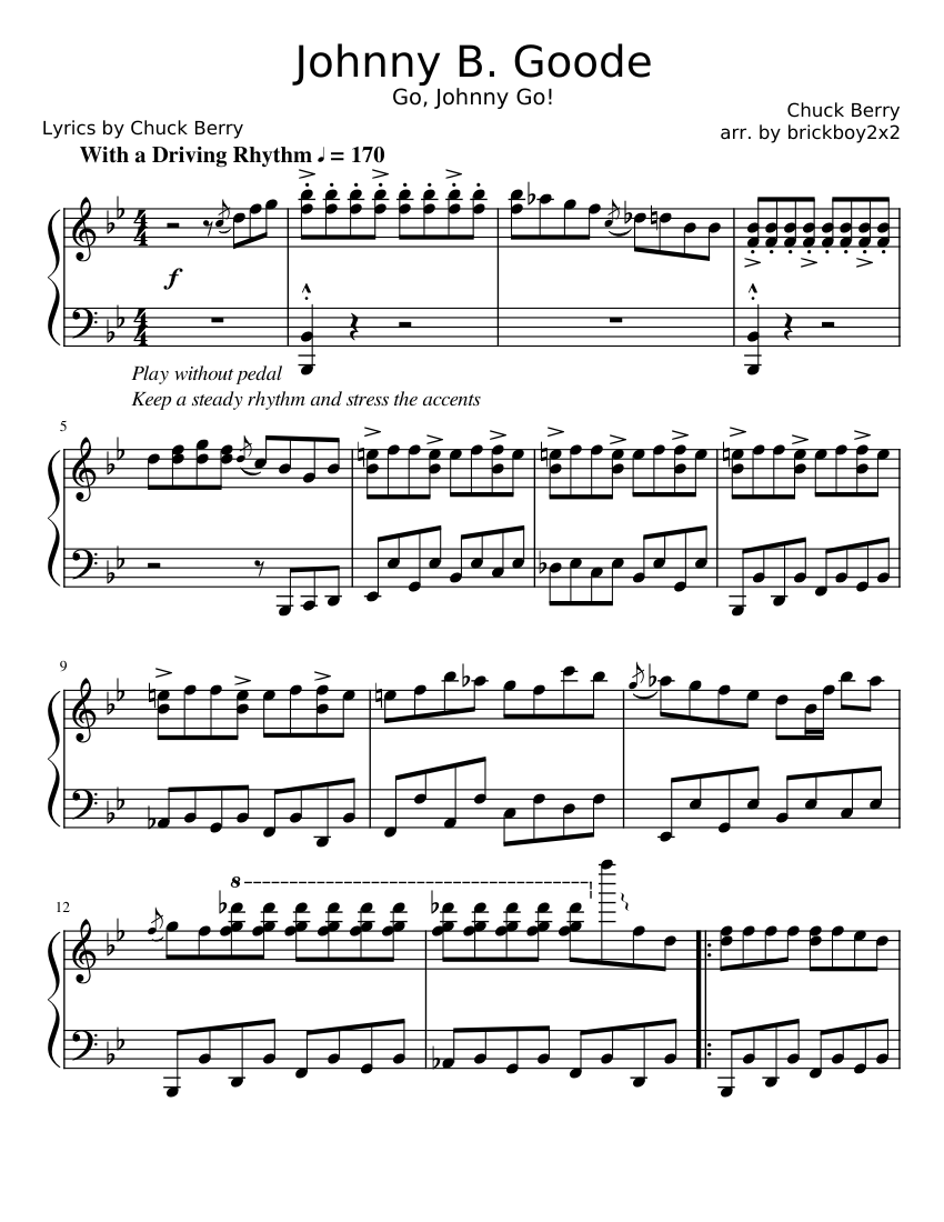 Johnny B. Goode Rock 'n Roll Piano Solo Arr. Sheet music for Piano