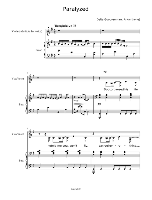 Paralyzed by Delta Goodrem (arrangement for piano + voice/viola)