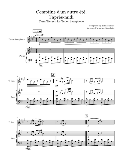 Comptine d'un autre été, l'après-midi – Yann Tiersen for Tenor Saxophone