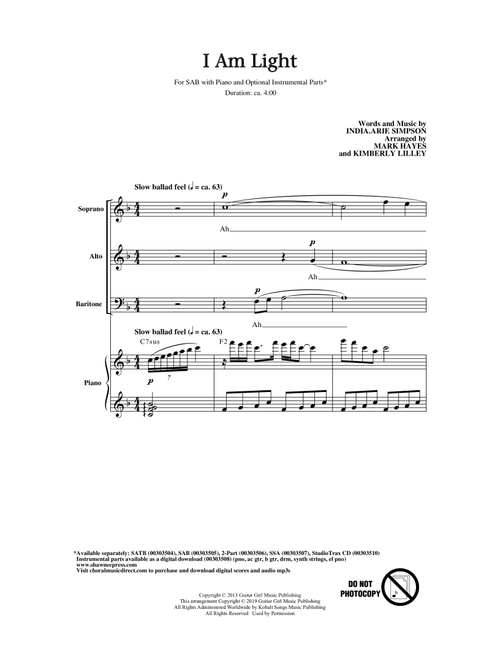 I Am Light (arr. Mark Hayes and Kimberly Lilley) - IndiaArie (Choral, SAB)