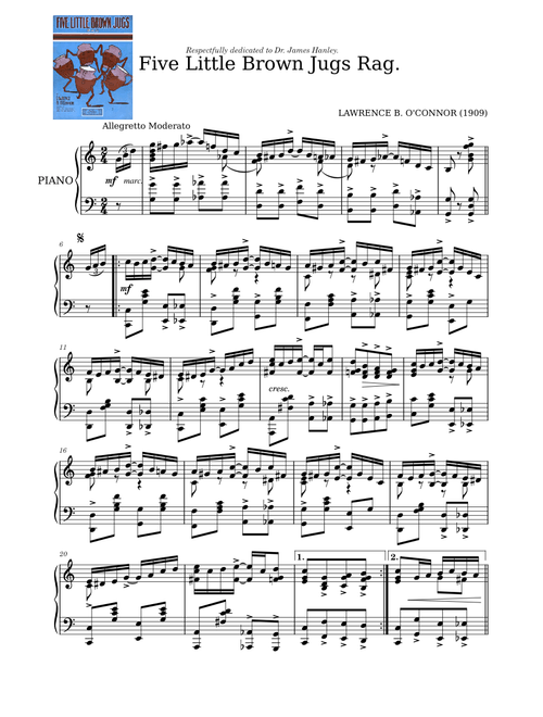 Five Little Brown Jugs Rag by Lawrence B. O'Connor (1909)