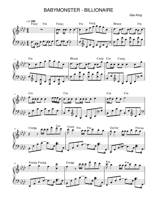 Billionaire (Arr. Gregory King) - BABYMONSTER (Easy Piano)