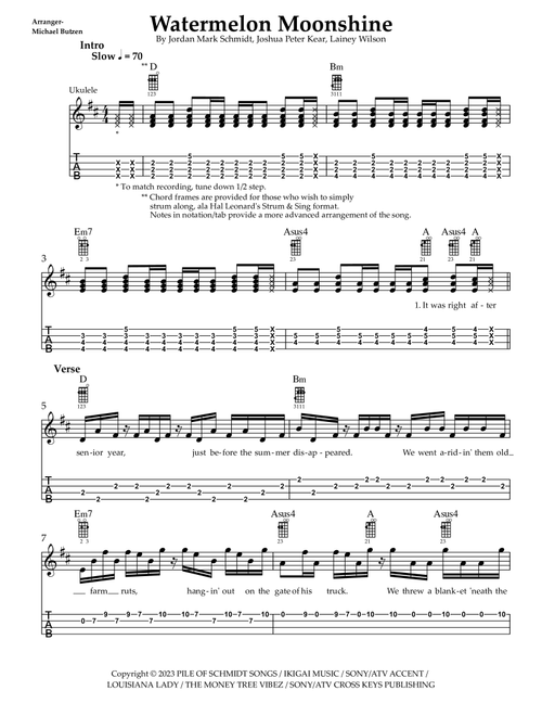 Watermelon Moonshine (Arr. Michael Butzen) - Lainey Wilson (Ukulele)