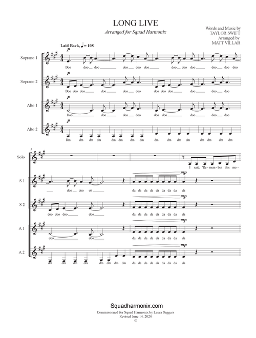 Long Live (Arr. Matt Villar) - Taylor Swift (Choral, SSAA)