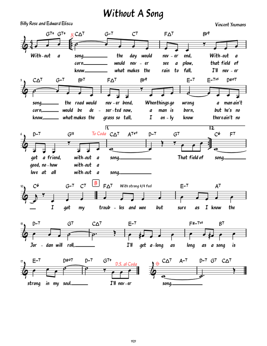 Without A Song (Lead sheet with lyrics ) Sheet music for Piano (Solo