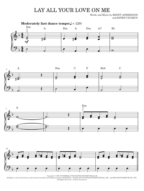 Lay All Your Love On Me - ABBA, Mamma Mia! Movie (Easy Piano)