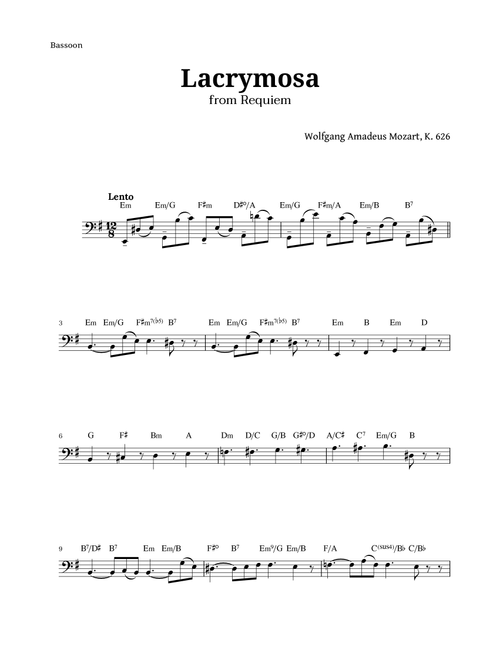 Lacrymosa from Requiem by Mozart for Bassoon (Arr. Langanho) (Bassoon Solo)