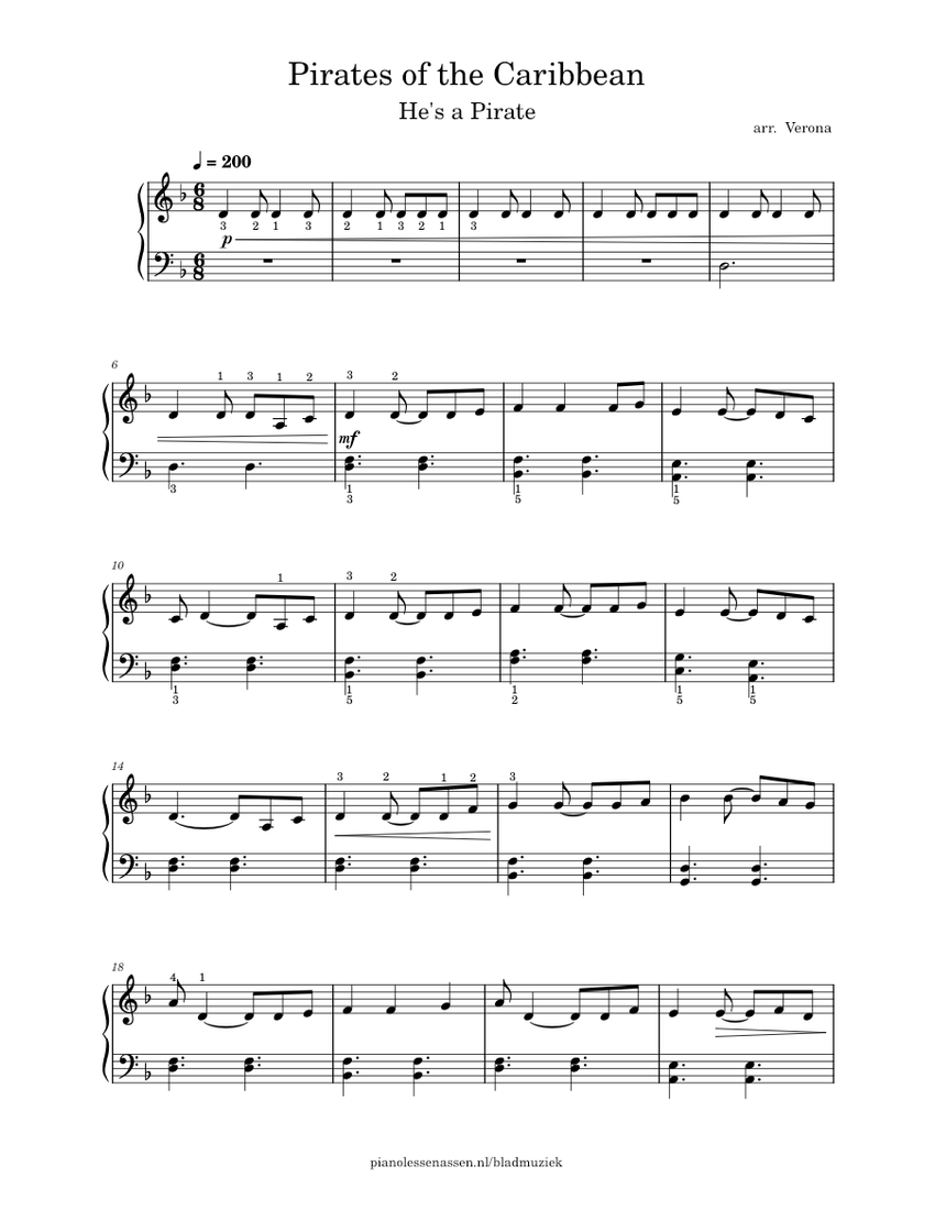 Pirates of the Caribbean theme Sheet Music for Guitar (Piano