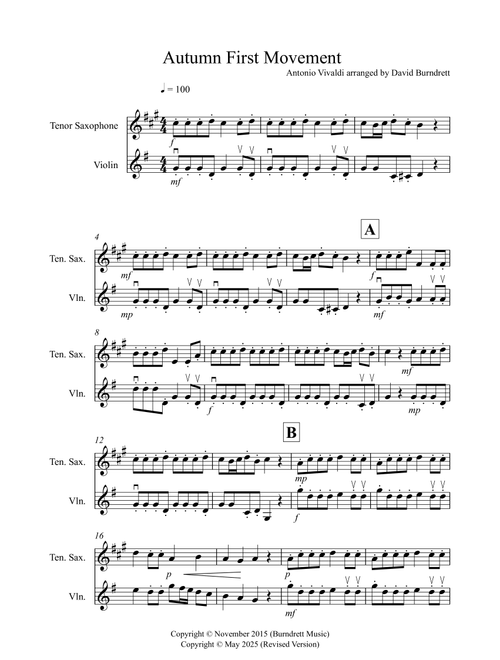 Autumn "Four Seasons" for Tenor Saxophone and Violin Duet (Arr. David Burndrett) - Antonio Vivaldi (Instrumental Duet)
