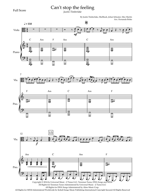 Can't Stop The Feeling! (Arr. Fernando Britto) - Justin Timberlake (Viola and Piano)