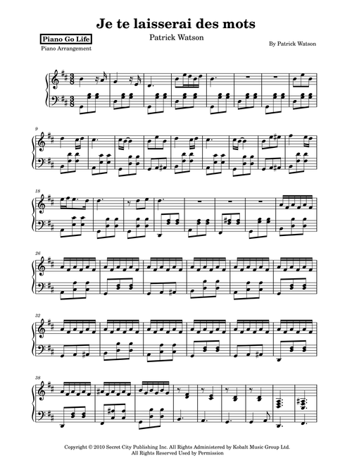 Je Te Laisserai Des Mots (Arr. Piano Go Life) - Patrick Watson (Piano Solo)