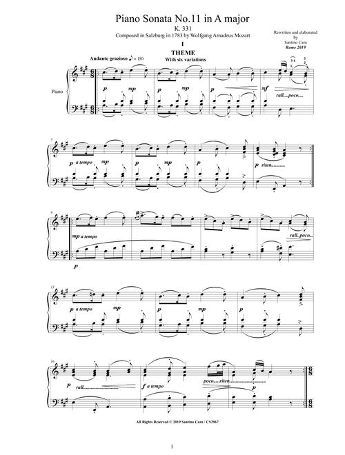 Mozart - Piano Sonata No.11 in A major K 331 - Complete score (Arr. Santino Cara) (Piano Solo)