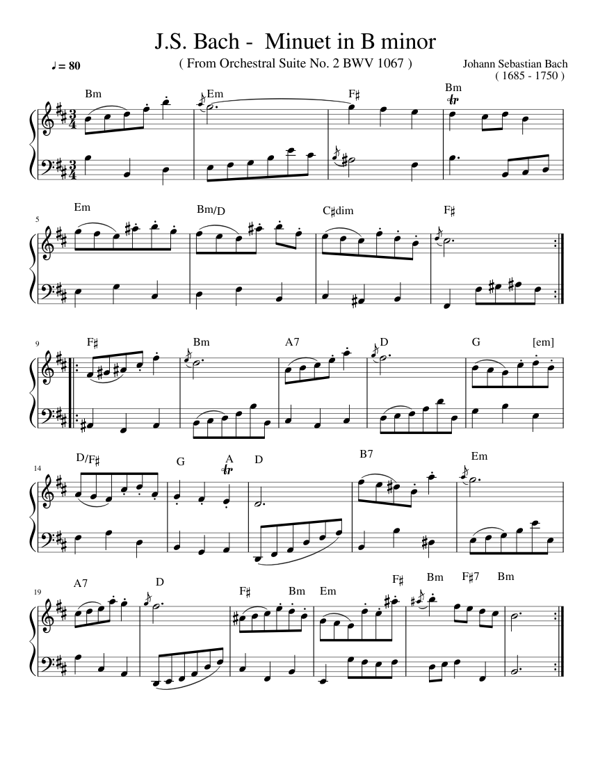 Французские сюиты баха ноты. Бах Менуэт BWV 1067. Бах Менуэт из французской сюиты си минор Ноты. Бах Менуэт из сюиты 2 Ноты фортепиано. Бах Менуэт си минор из сюиты 2 Ноты фортепиано.