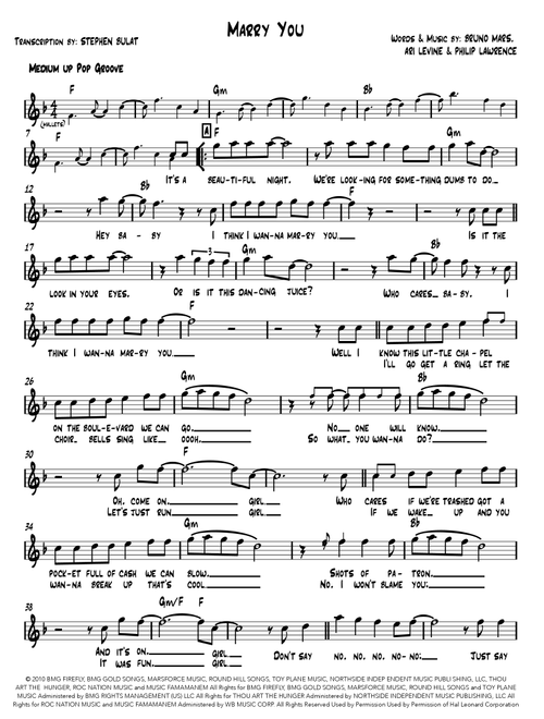 Marry You (Arr. Stephen Bulat) - Bruno Mars (Piano-Vocal-Guitar)