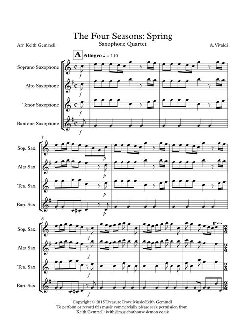 The Four Seasons - Spring: Saxophone Quartet (Arr. Keith Gemmell) - A. Vivaldi (Woodwind Ensemble)