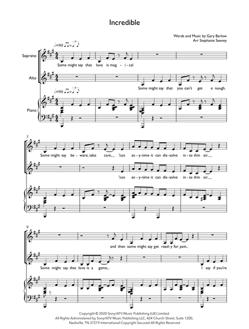 Incredible (Arr. Stephanie Seeney) - Gary Barlow (Choral, SA)