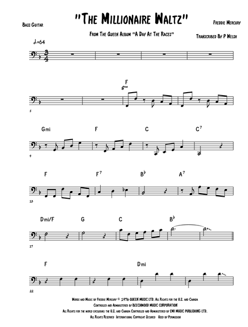 The Millionaire Waltz (Arr. Accubass) - Queen (Bass Tab)
