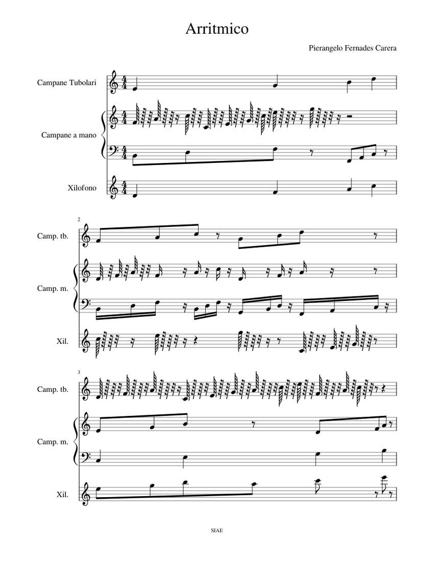 Arritmico Sheet music for Xylophone, Tubular bells, Handbells