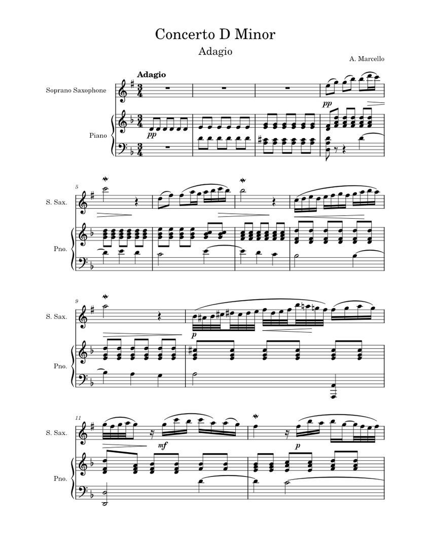 Oboe Concerto in D minor, S.Z799 Alessandro Marcello , Adagio, for piano and soprano sax Sheet